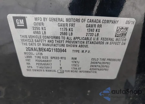 2016 Chevrolet Equinox Ls from USA, damaged, VIN 2GNALBEK4G1183944